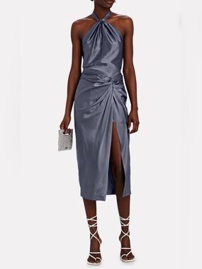 NWOT INTERMIX Satin Halter Top and Midi Skirt in Slate Blue Set